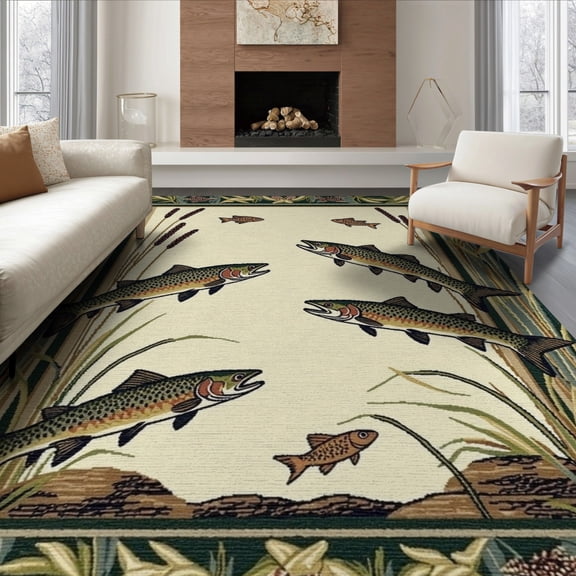 ODIKA 8'x10' Washable Area Rug Durable, Non-Slip Hooked Fishing Lake Trout Nautical Border Lure Novelty Vintage for Living Room, Under Sectional, Family