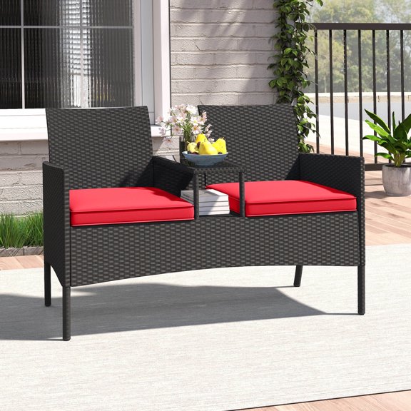 Costway Patio Loveseat with Built-in Table Soft Cushions & Tempered Glass Tabletop Red