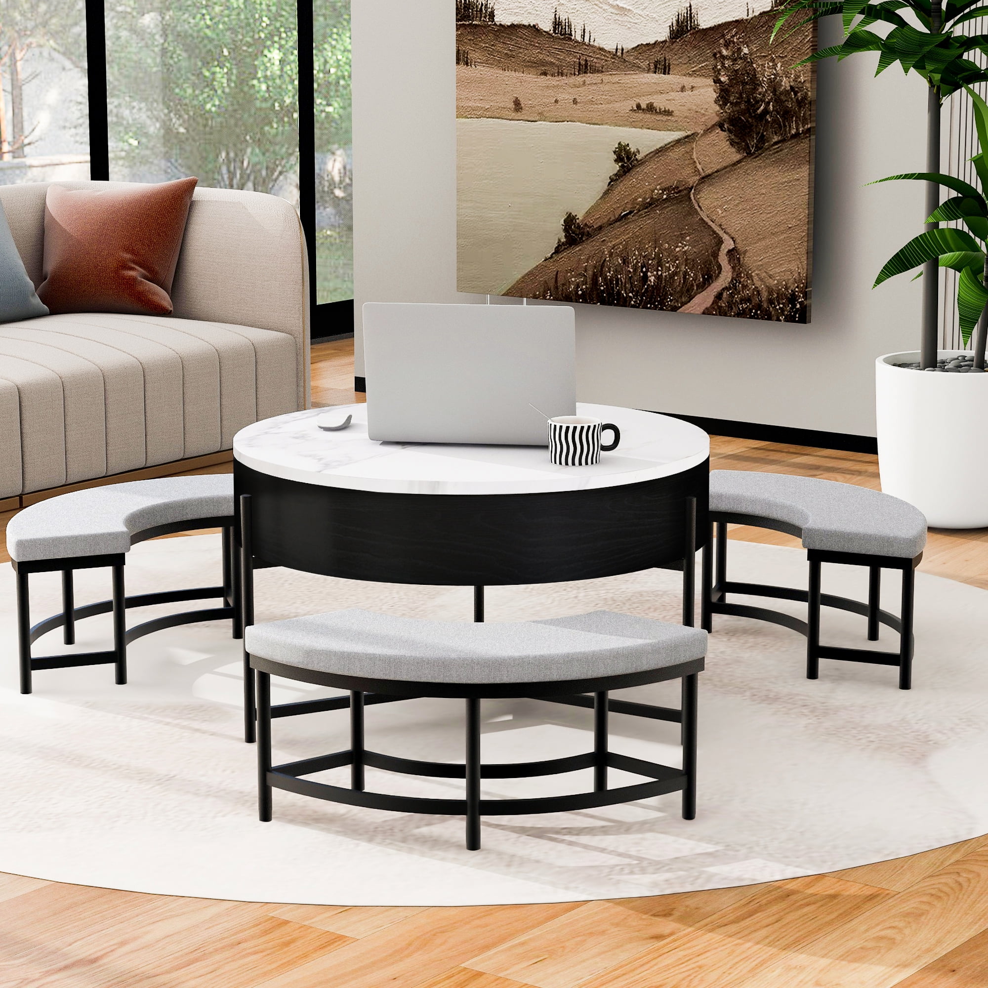 Harper & Bright Designs Round Lift-Top Coffee Table with Ottomans and Storage, Gold Center Table Set with Stools Underneath for Living Room, White & Black