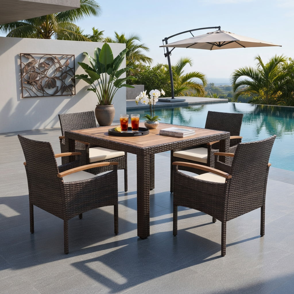 Hommoo Acacia Wood & PE Rattan Patio Dining Chairs Set of 2, Heavy-Duty Metal Frame, Ergonomic Design for Backyard, Poolside & Balcony, Off-White