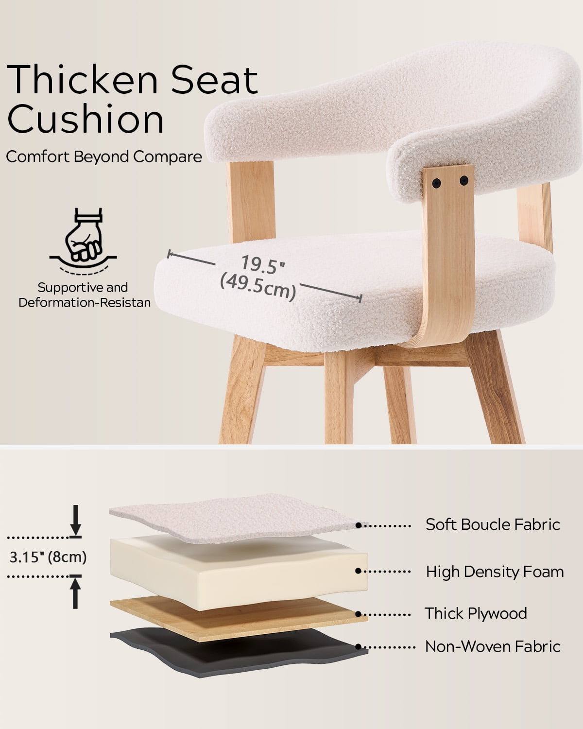 EYYTHUNG Swivel Boucle Barstool Set of 2, Mid Century Modern Dining Chairs with Arms and Wood Legs, Upholstered Kitchen Chairs, White and Natural Oak
