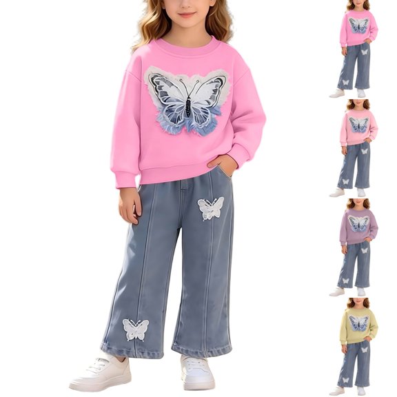 Wilark Toddler Girls Outfit Sets with Butterfly Sweatshirt and Jeans Casual Cute Long Sleeve Kids Fall Clothes Hot Pink 3