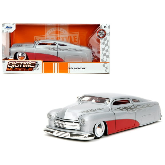 1951 Mercury Silver Metallic and Red with Flame Graphics and Red Interior "Bigtime Muscle" Series 1/24 Diecast Model Car by Jada