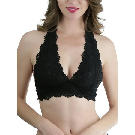 

Deago Women s Halter Lace Bralette Bras Triangle See Through Unpadded Bra Crop Top Lingerie S Black