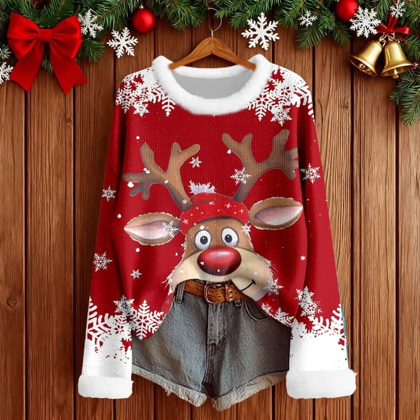 MHFRRA Camiseta de Manga Larga con Cuello, Estampado Festivo, Blusa Suave y Acogedora con Cuello Redondo para Atuendos de Fiesta de Temporada. Rojo