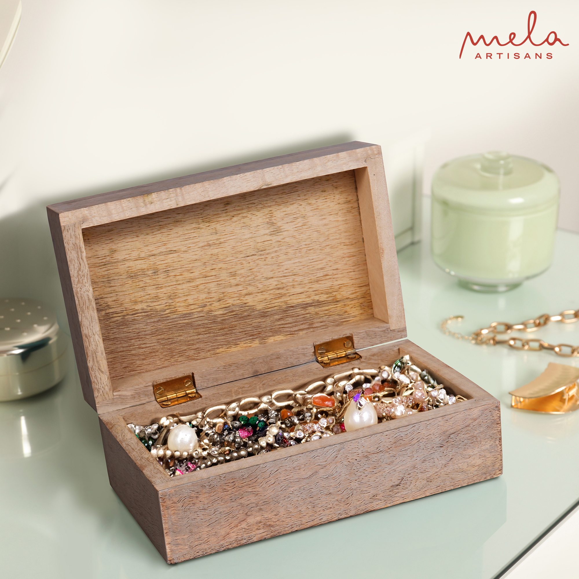 Scallop Wooden Box, Medium, Light Burnt Over Grey Decorative Box with Lid with Felt Pads Underneath & Wooden Carving, Unique Handmade Mangowood Keepsake Storage Box for Home, 7.5 x 4.5 x 3