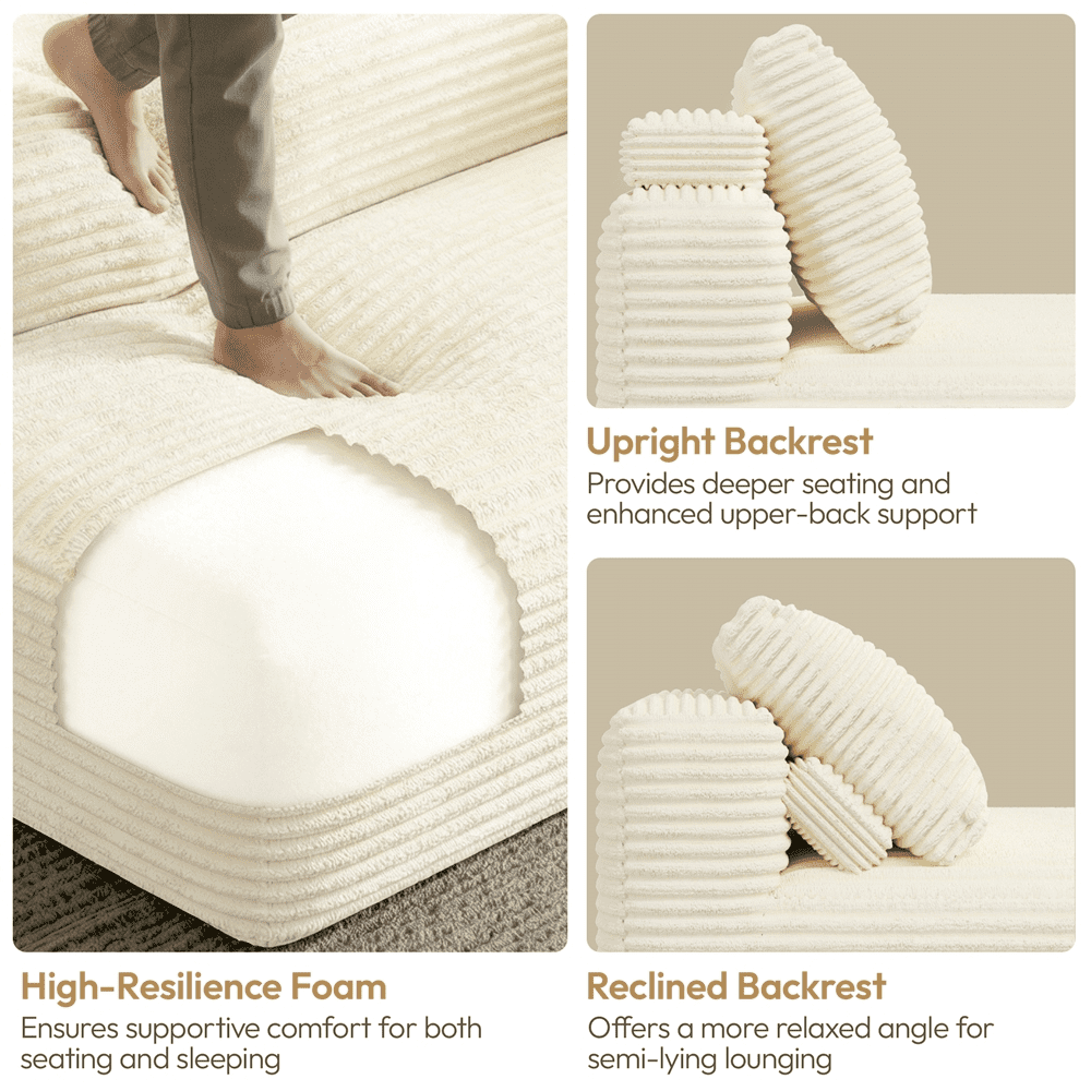 Renwick 110" L-Shaped Cloud Couch, Boneless Corduroy Sectional Sofa with 3 Detachable Pillows for Livingroom, Beige