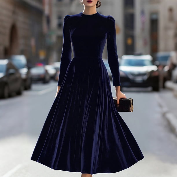 TaTaai Women‘s Velvet Midi Dress, Long Sleeve Round Neck Solid Color Dress, Plush Velour Evening Gown, Fall Winter Holiday Party Dress Gift