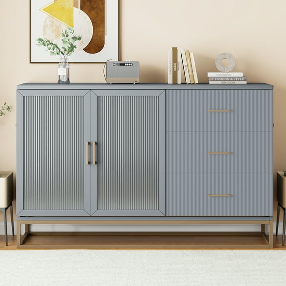Harper & Bright Designs Queen Murphy Bed Wall Bed with Gold Leg, Queen Size Cabinet Bed Folding Wall Bed with Frosted Glass Doors Design and Fake Drawers, Gray