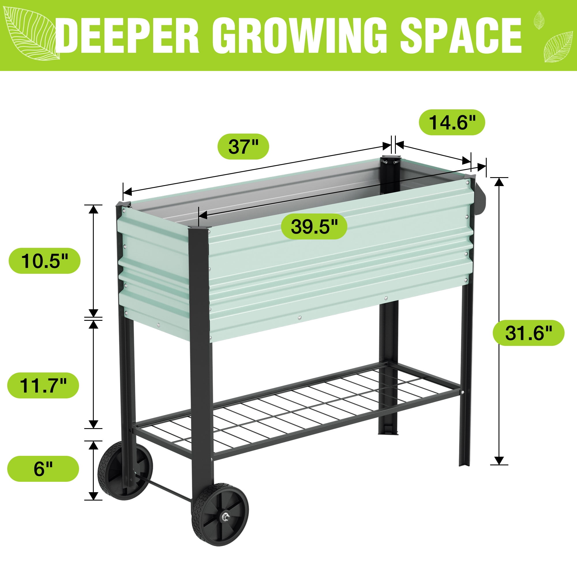 WORKPRO 37in Outdoor Galvanized Raised Garden Bed with Legs and Wheels -Light Green