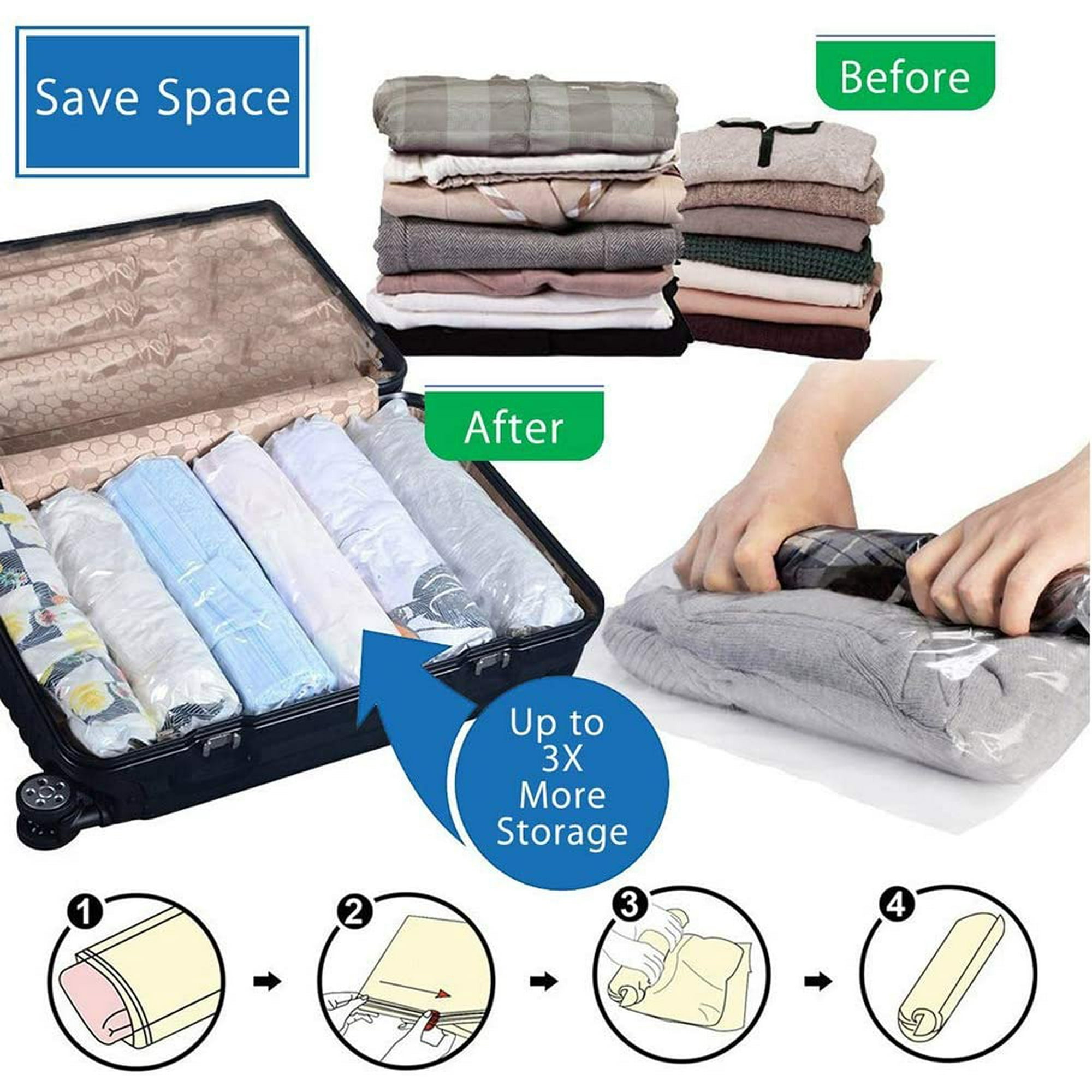 O 16 Pack Travel Compression Bags Travel Space Saver Bags Roll Up Compression Storage Bags No Vacuum or Pump Needed Perfect for Travel Home Storage Walmart