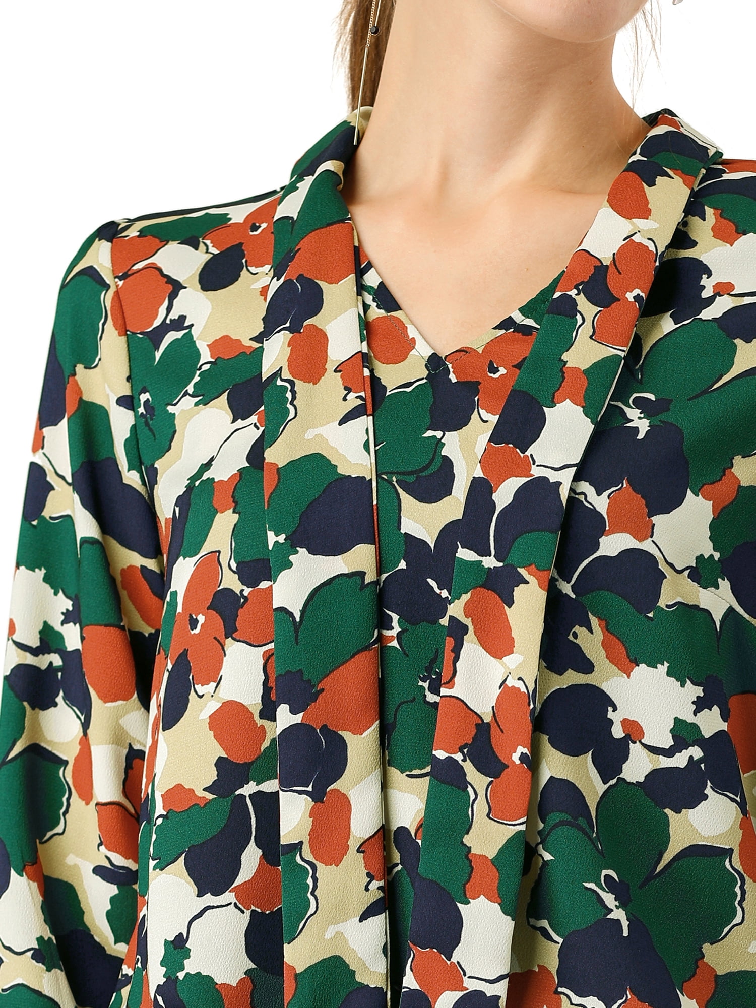 DARING DIVA Women's Tie V Neck Floral Shirt Trumpet Blouse L Green