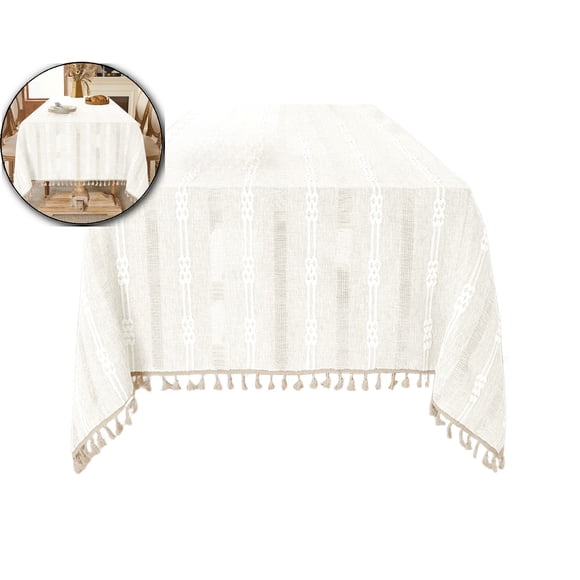 Rustic Table Cloth, Rectangle Textured Cotton Linen Fabric Tablecloth with Tassel, Christmas Farmhouse Table Cover Embroidery Stripe Tablecloths for Kitchen Dinning Party