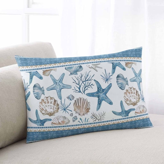 Blue Coastal Nautical Throw Pillow Cover, Pillowcase Protectors with Zipper, Breathable Decorative Lumbar Pillow Case Cover, Summer Beach Starfish Shell Coral Pillow Shams for Couch Sofa 12x20Inch
