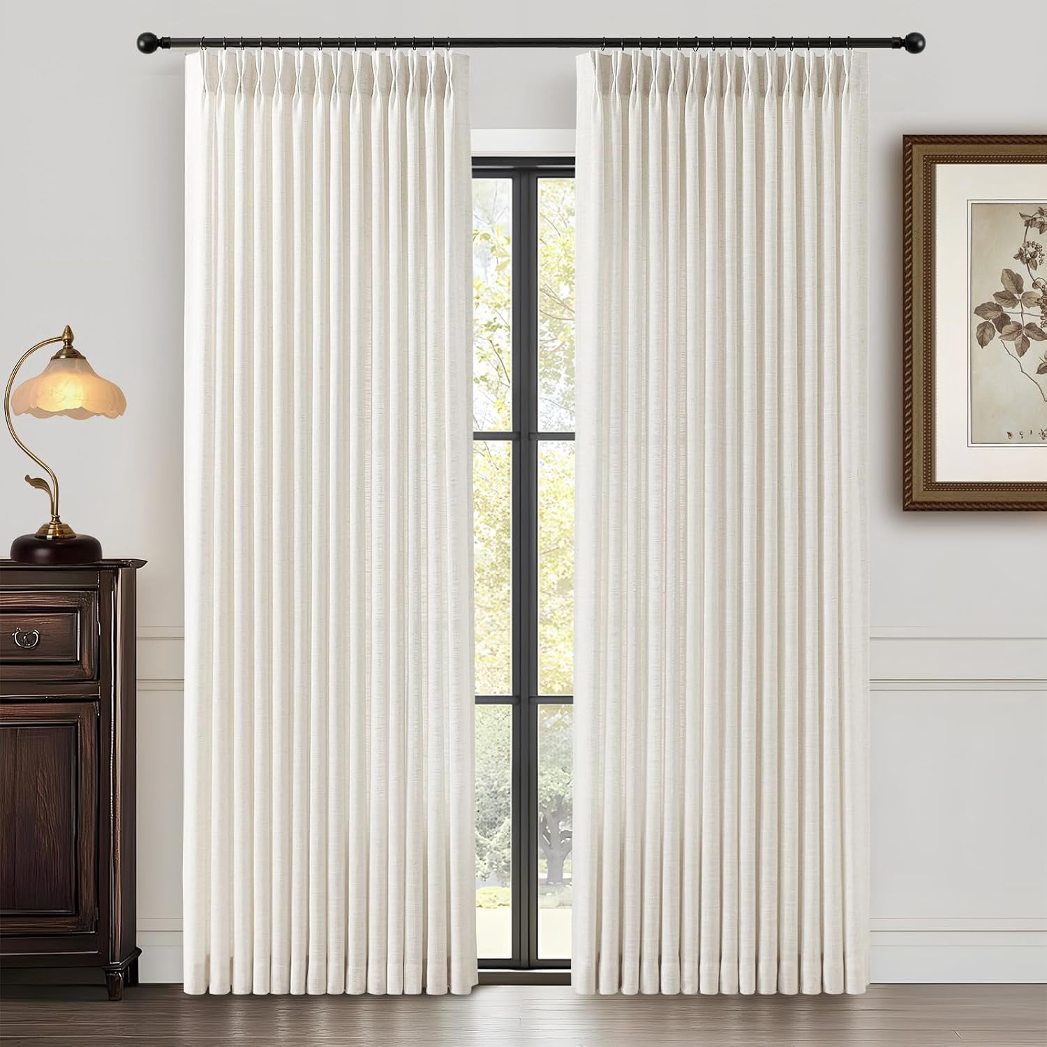 Nalqet Pinch Pleated Linen Curtains 84 inch Length 2 Panels Set, Light Filtering Linen Blend Sheer Drapes Memory Trained Pleated Curtain Back Tab with Hooks Rings for Living Room Bedroom, Natural