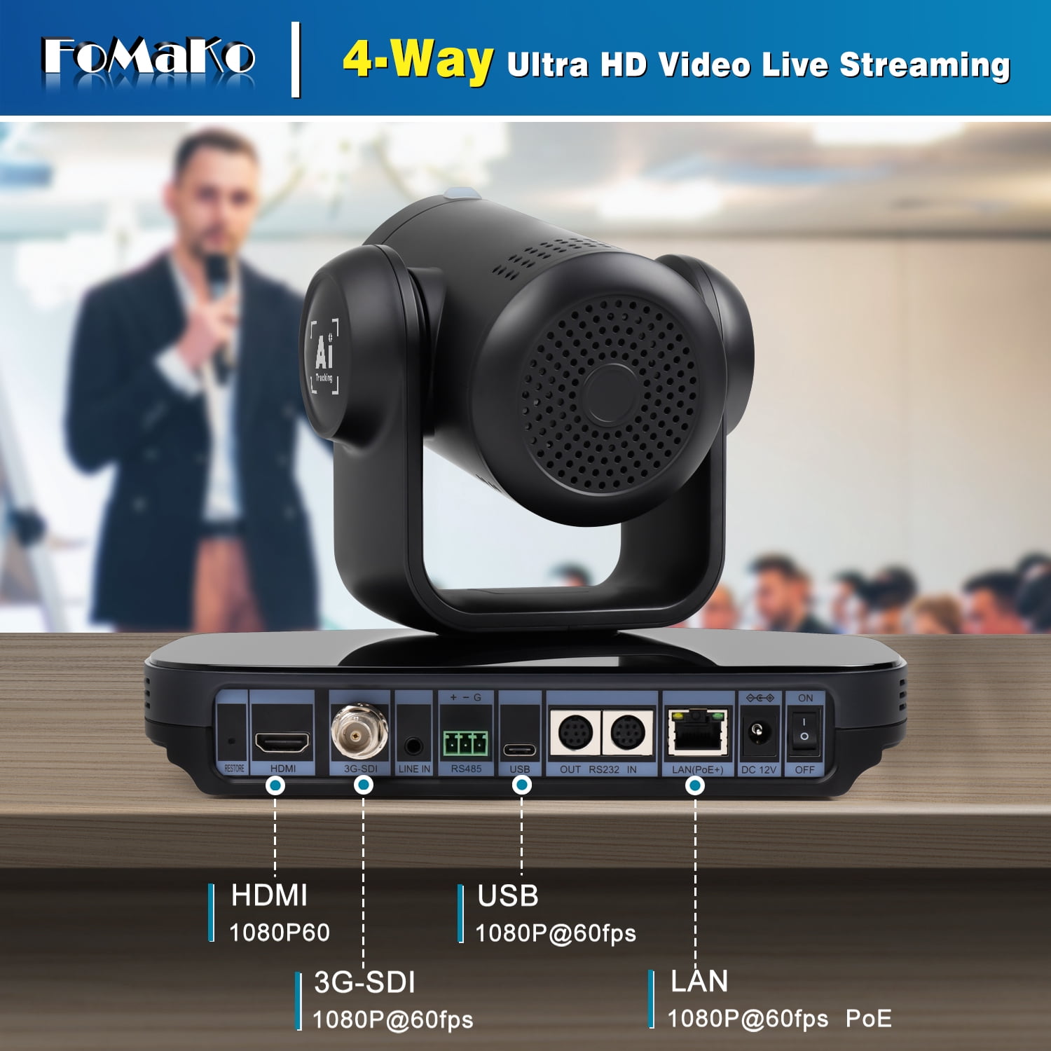 FoMaKo HDMI 1080P60 AI Auto-Tracking 20X video Camera Bundle ( K20x3+ KC608+KC601)