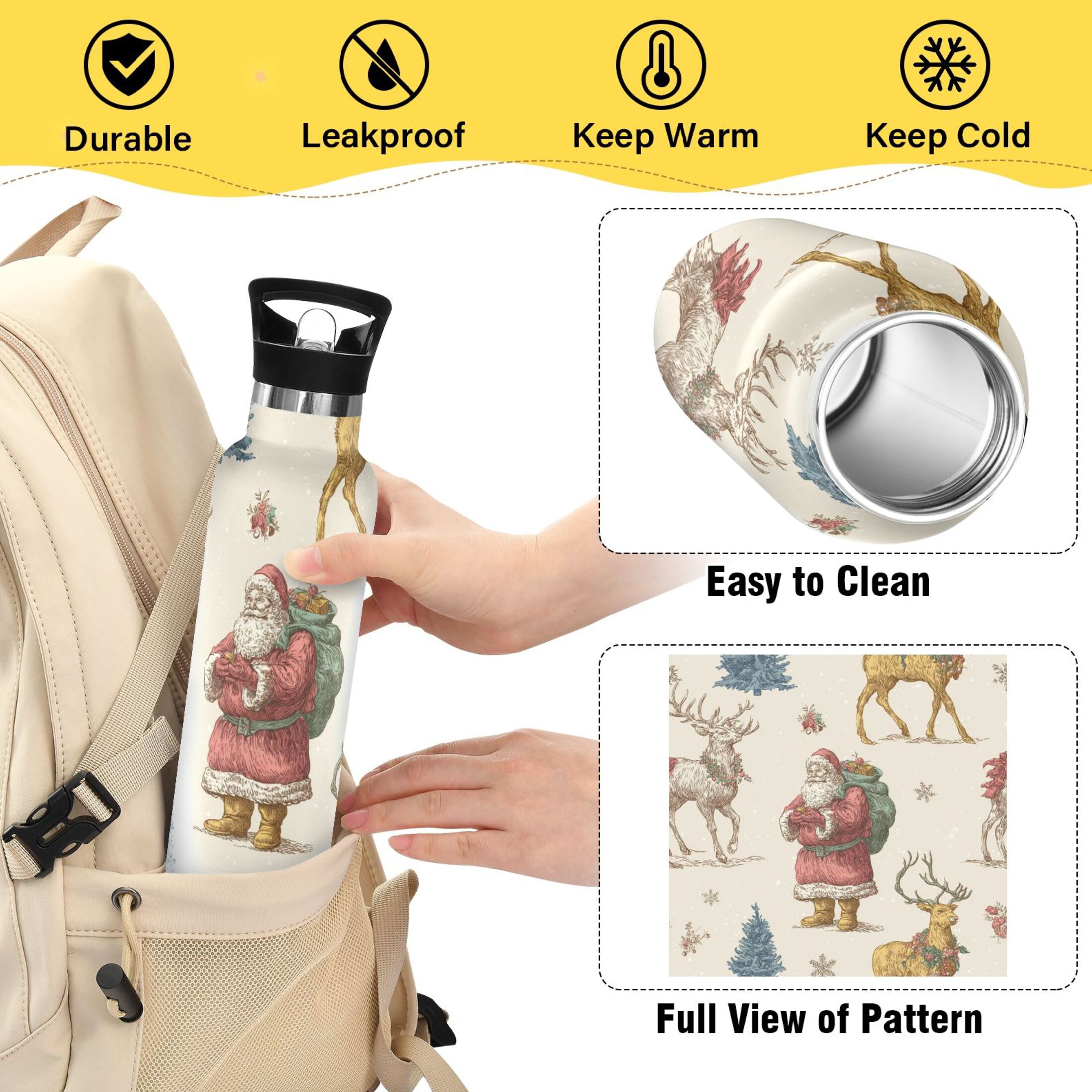 Kids Insulated Stainless Steel Sports Water Bottle 600ml (20oz) Retro Santa Claus and Reindeer