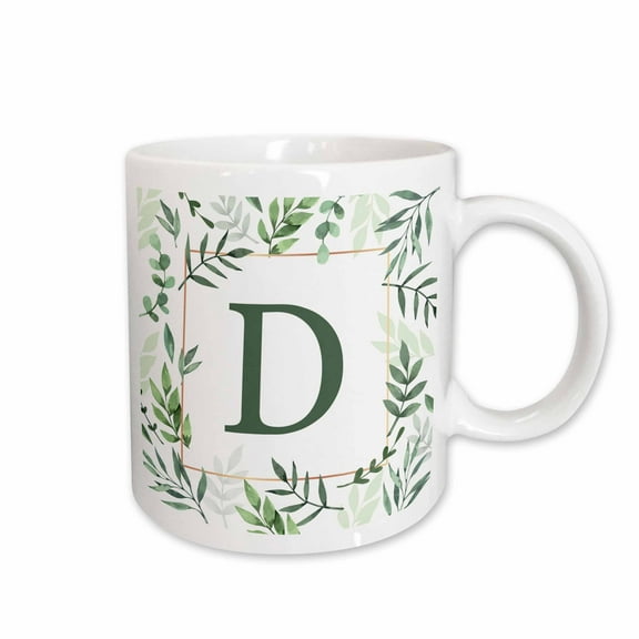 3drose, Monogram Initial Letter D in Green Framed in Leaves and a Gold Square., 11oz Mug