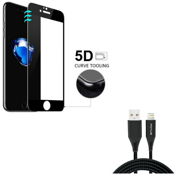 iPhone 7/8 PLUS Screen Protector w 10ft USB Cable - Tempered Glass 5D Touch Curved Edge Full Cover, Charger Cord Power Wire Braided for iPhone 8 PLUS/7 Plus