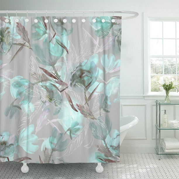 Pknmt Teal Pattern Flowers Watercolor, Gray Teal Shower Curtain