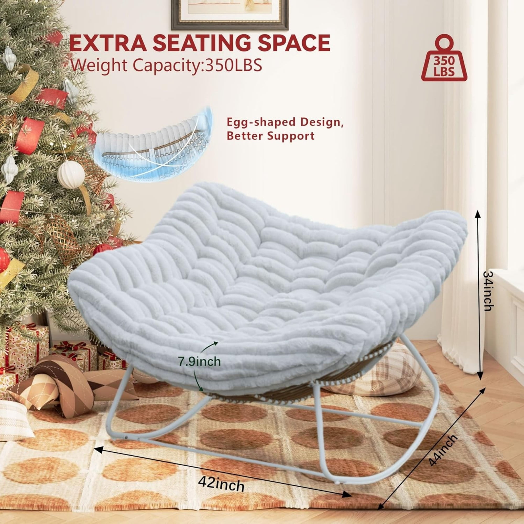 Papasan Rocking Chair Oversized, Rattan Outdoor Rocker with Deep Seat Thick Cushion, Patio Rocking Chair for Porch Bedroom Garden, Light Gray & White
