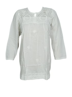 Mogul Indian Style Ethnic White Cotton Tunic Blouse Floral Embroidered Long Sleeves Hippie Chic Kurti Kurta XS