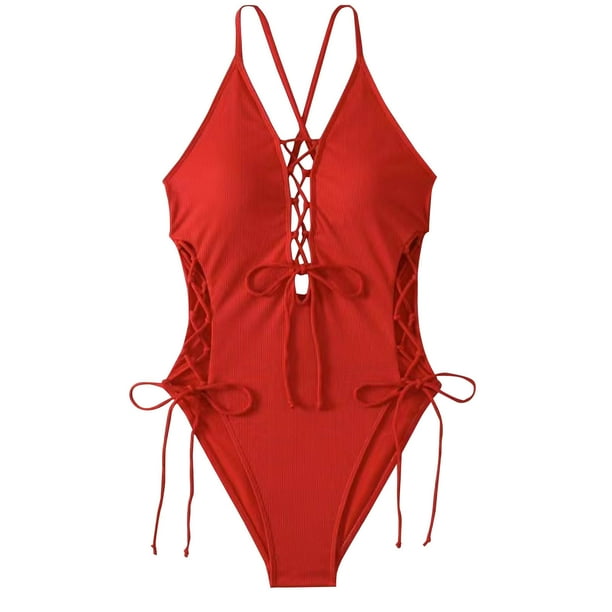 Trajes de baño de una pieza para mujer, bikinis sin espalda con tirantes ajustables a la moda de color sólido para mujer, traje de baño para mujer