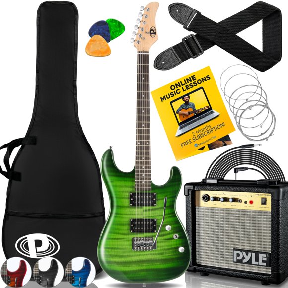 Kit de guitarra eléctrica Pyle Legacy Green con amplificador y accesorios
