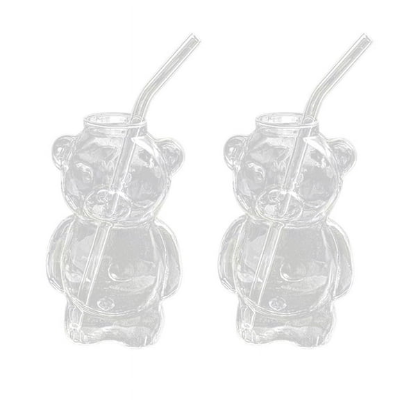 2pcs Bear Cup Online Celebrity Restaurant Coffee Cup Cute Cartoon Glass Water Cup with Straw Family Set,2 * glass cup 2 * straws,Transparent