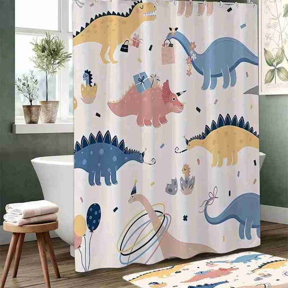 70x70 inch Cute Cartoon Dinosaur Party Shower Curtain, Waterproof Polyester Fabric with Hooks for Kids Bathroom Decor