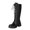 Black, variant on Woman Casual Boots Winter Chunky Heels Solid Color Round Toe Front Lace-Up Knee-High Boots with Side Zipper Mid-Heel Long Boots