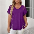 thumbnail image 2 of CIENVNSTG Women's 2026 Spring Summer Short Sleeve V Neck Top Lattice Cutout on Sleeves and Hem for a Dressy Touch Loose Fit Casual Tunic Blouse for Daily Trendy Beach Vacation Outfits Purple 5XL, 2 of 4