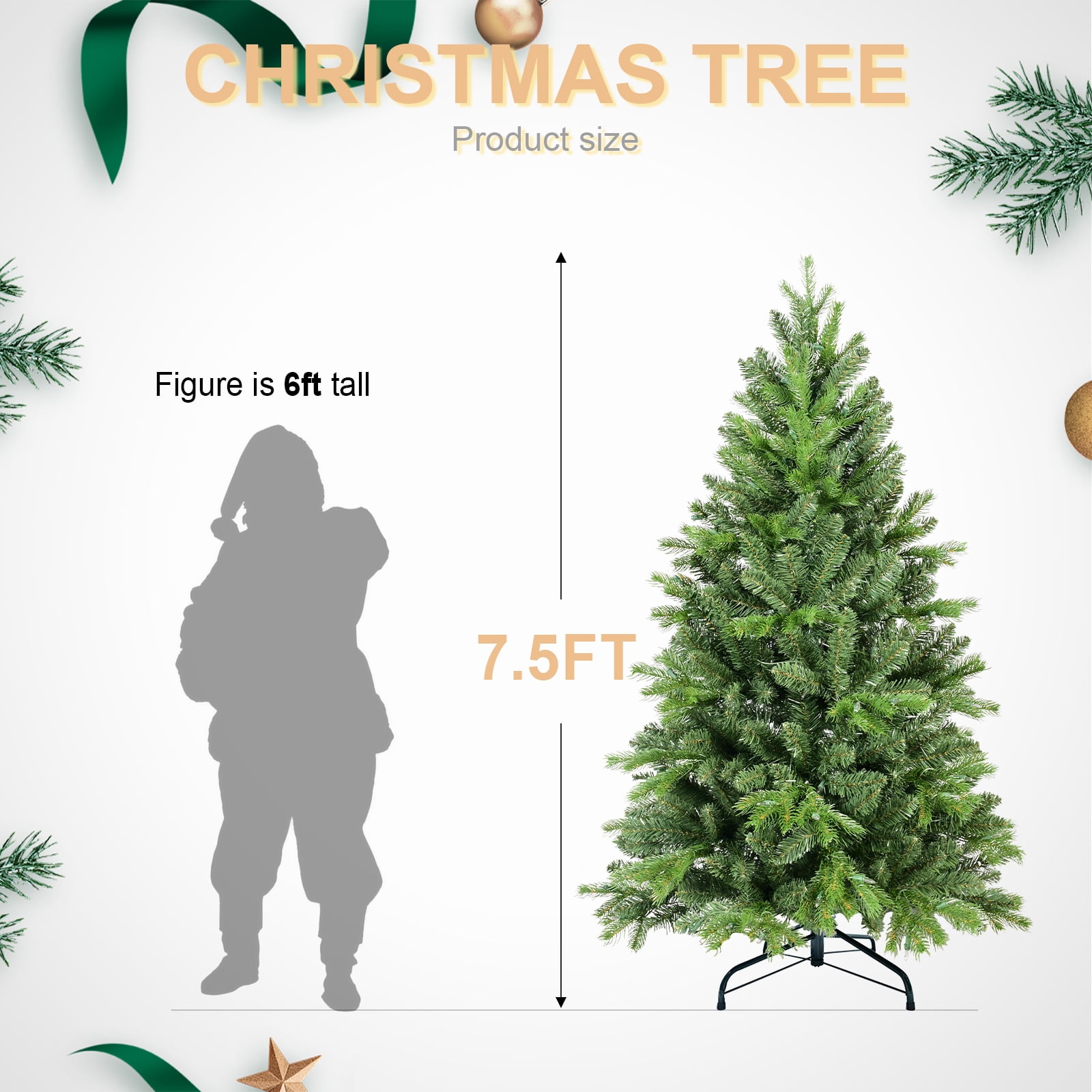 7.5 Ft Christmas Tree with 1599 PE+PVC Tips, Full-Bodied Holiday Tree with Hinged Branches, Easy Assembly, Stable Metal Stand, Classic Green Xmas Decoration