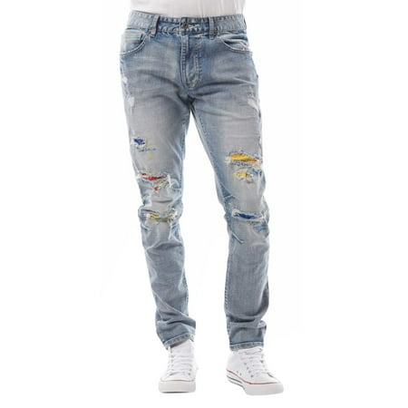 Smoke Rise Men's Distressed Denim Jeans W/ Colored Patches, Alaska Blue ...