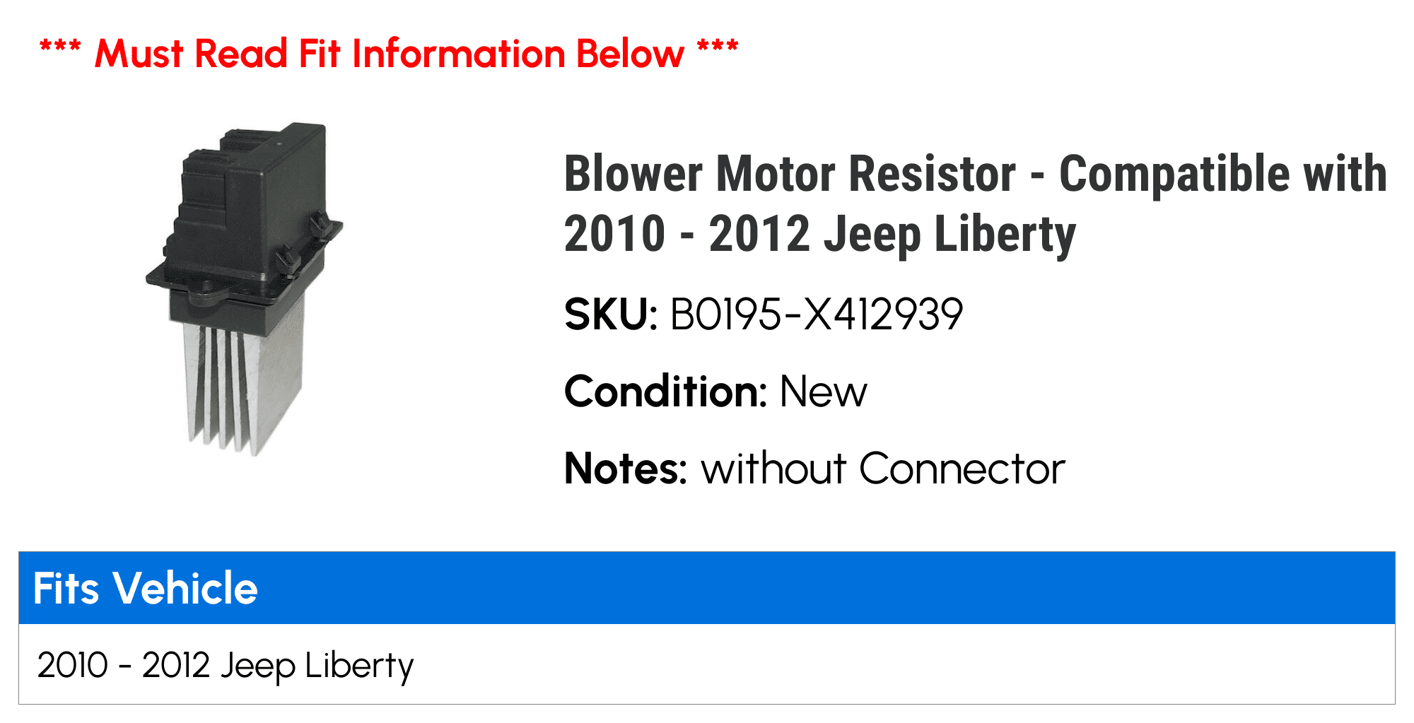 Blower Motor Resistor - Compatible with 2010 - 2012 Jeep Liberty - Holstein