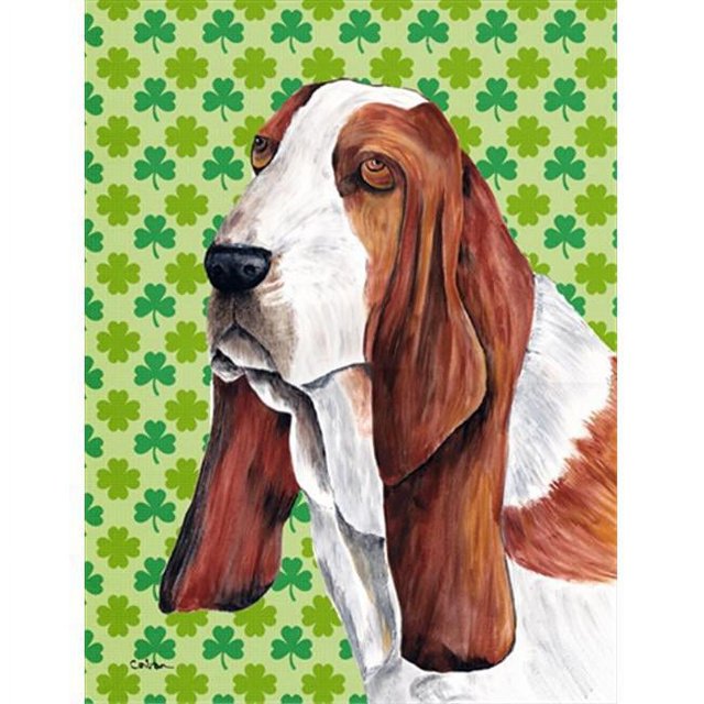 SC9292GF 15 x 15 Po. Drapeau Taille Jardin Basset Hound St. Patricks Day Trèfle
