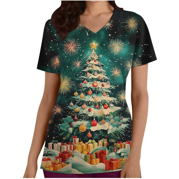Xfvqtps Christmas Scrub Tops for Women Soft V-Neck Scrubs Comfortable Lightweight Nursing Uniforms Casual Printed Short Sleeve Nurse Top Working Uniforms with Pockets Olive Green
