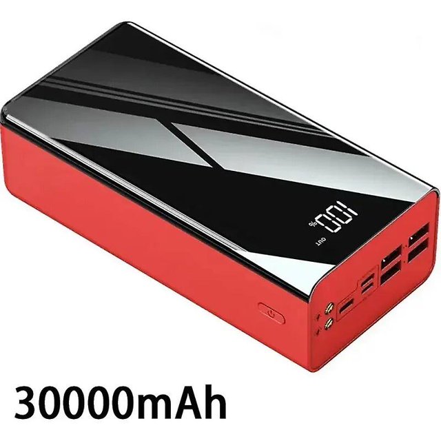 power bank 200000 mah portátil de carga rápida powerbank 100000 mah 4 usb poverbank cargador de batería externo para xiaomi mi 9 iphone rojo 30000mAh, vista 3/4 frontal de banco de energía rectangular con carcasa plástica roja y superficie superior espejo negro, pantalla digital LED con porcentaje, cuatro puertos USB y entradas Micro‑USB y USB‑C visibles, botón lateral y linterna integrada; suele usarse como batería externa de respaldo para viajes cortos.