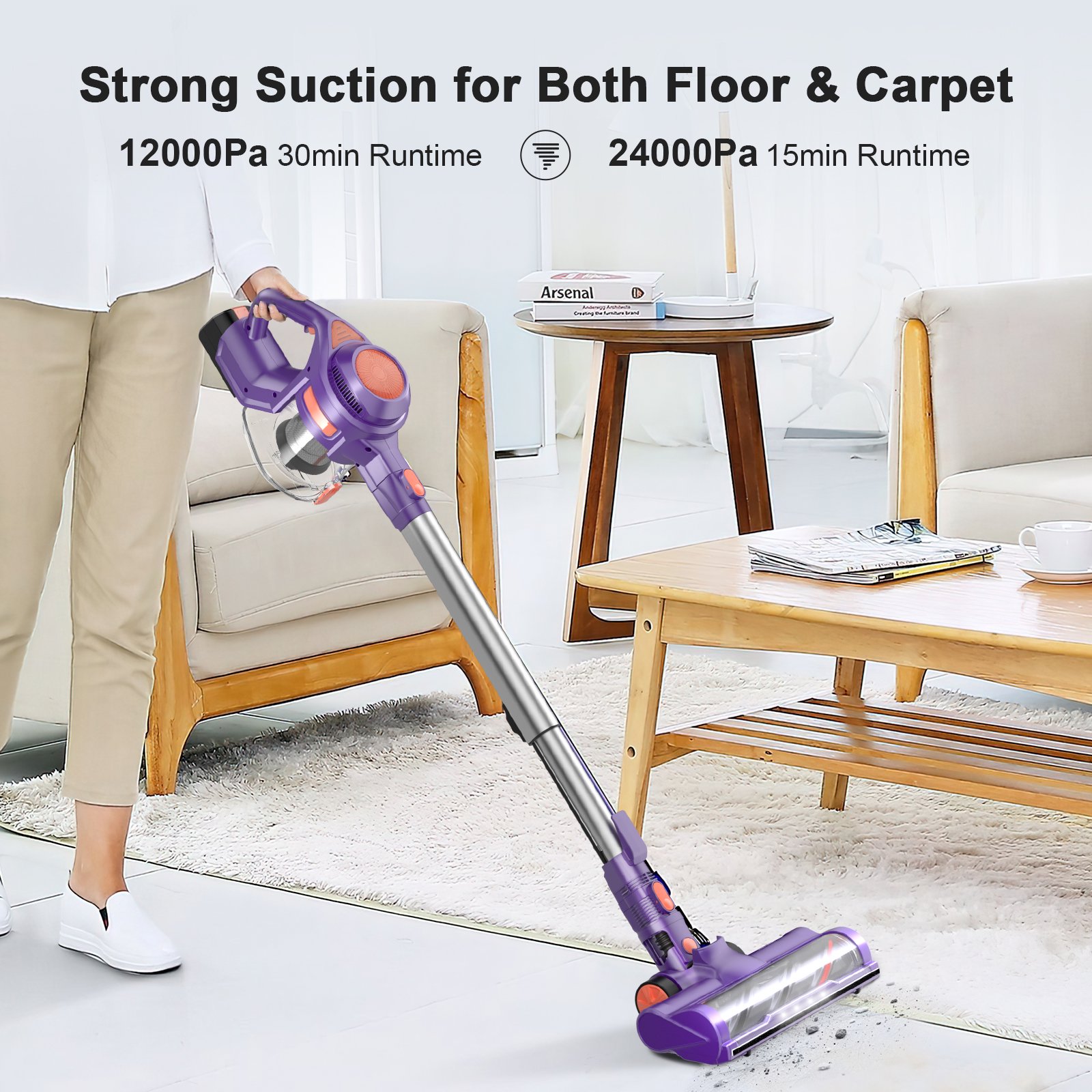 MOOSOO Cordless Vacuum Strong Suction Quiet Lightweight 4 in 1 Stick Vacuum Cleaner - image 3 of 8