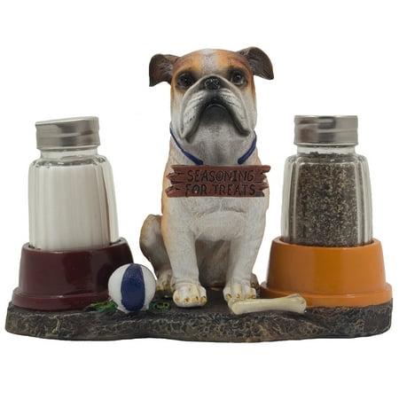 English Bulldog Puppy Glass Salt and Pepper Shaker Set with Decorative Dog Food Bowls, Bone & Ball for Kitchen Table Decorations by Home 'n (Best Dry Food For English Bulldogs)