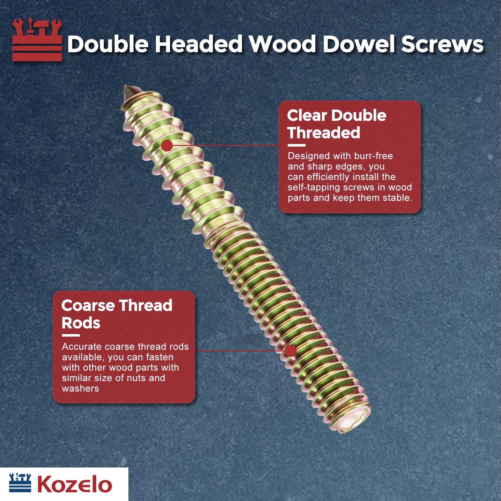 Uxcell 20pcs Hanger Bolts with Driver - [5/16"-18x2-1/2"] Double Headed Wood Dowel Self Tapping Screw Set for Repair, Dual Ended Thread Rod Joint Blot, Colored Zinc Coating