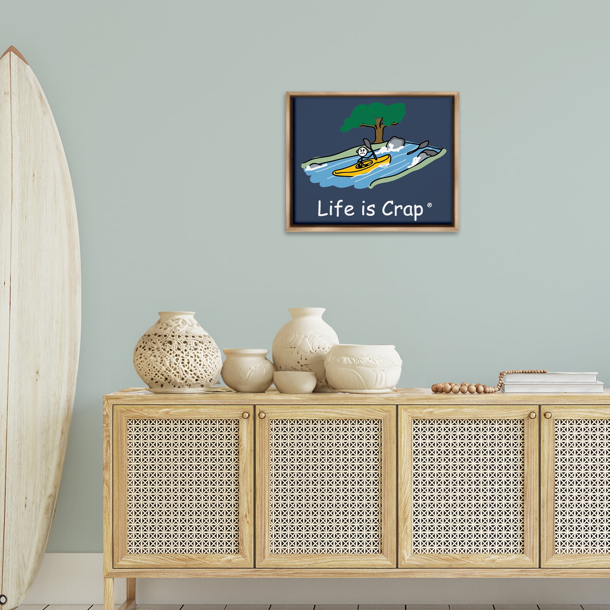 Stupell Industries Life Is Crap Kayaker Novelty & Humor Painting Brown Floater Framed Canvas Art Print Wall Art, 21 x 17
