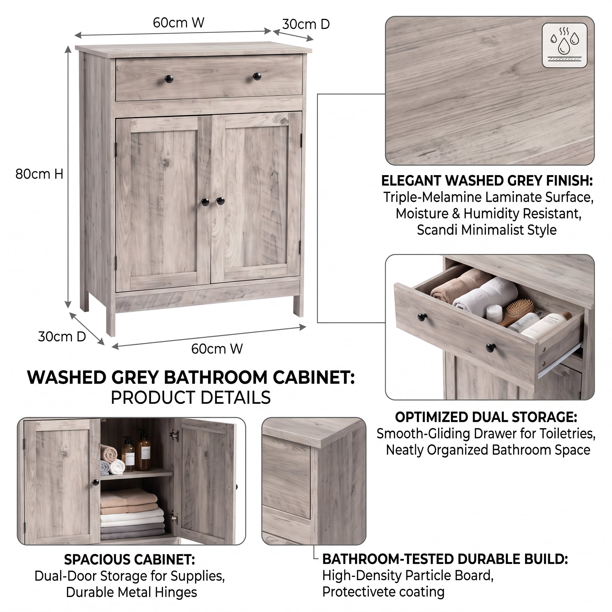 Elegant Washed Grey Bathroom Storage Cabinet Double Door Single Drawer Triple Melamine Laminate Particle Board for Bathroom Powder Room Apartment Vanity Side