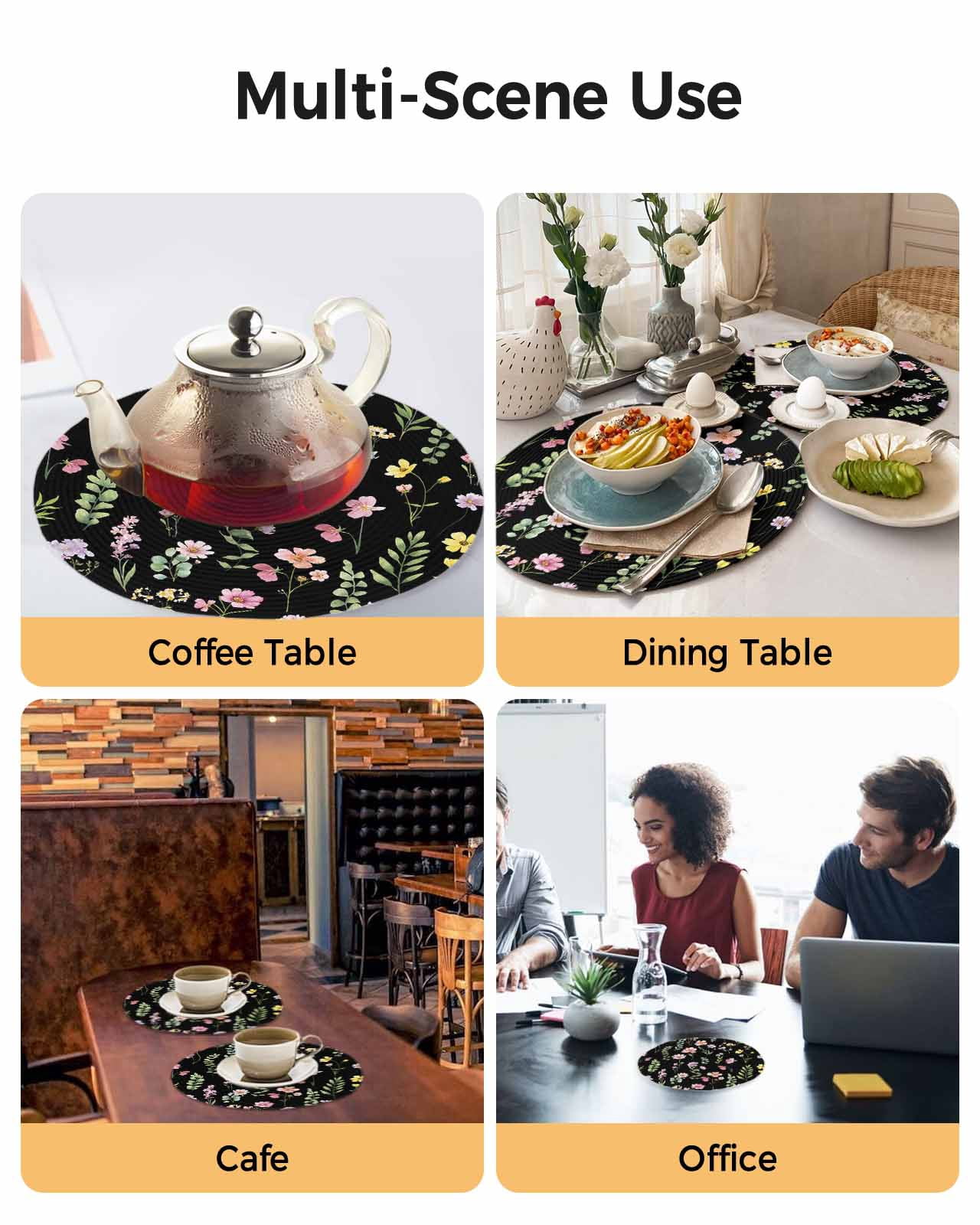 13 Inch Round Placemats Set of 4, Pink Spring Floral Non Slip Heat Insulation PP Table Mats, Flowers Botanical Elegant Pastoral Black Washable Place Mats for Kitchen Dining Party Table Decor