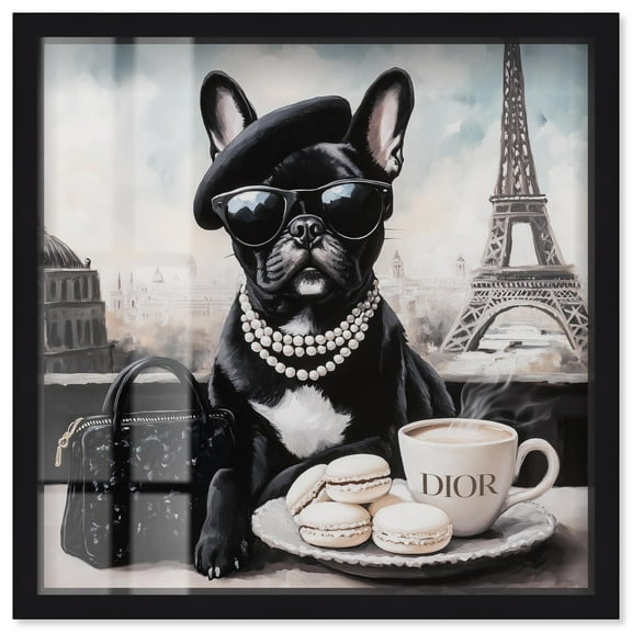 Frenchie in Paris Treats Shadowbox Print Fashion Art Prints by Art Remedy, Black Frame, 12 x 12