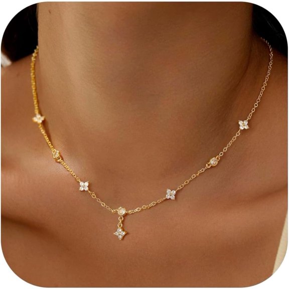 Dainty Gold-plated Clover Pearl Heart Butterfly Star flower Choker Necklace for Women - 14K Gold Plated Cubic Zirconia Pendant Station Necklaces for Women Teens Trendy Prom Jewelry Gifts