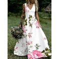 thumbnail image 2 of V-Neck Floral Print Maxi Dress In Style: Pink Roses And Green Leaves On White Background, Casual Elegant Long Dress, 2 of 5