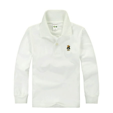FINALGANG Boys Kids Collared Long Sleeve Polo Shirt With Small Cartoon Embroidery Casual Relaxed Fit Top For Toddlers Spring Summer Daily Wear School Activities Lightweight Top