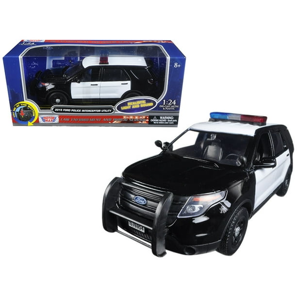 2015 Ford Intercepteur de Police Utilitaire Noir et Blanc avec Barre de Lumière Clignotante, Feux avant et Arrière et 2 Sons 1/24 Voiture Miniature par Motormax