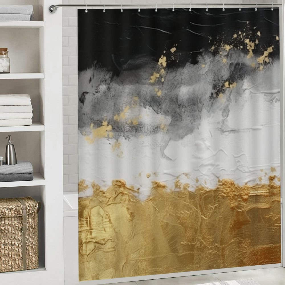 Fenyluxe Gold and Black Paint Stripes Printed Shower Curtain Set with Hooks, Easy Care 100% Polyester Fiber Bathroom Shower Curtain for Bathroom Decor, Various Sizes Available 60x72